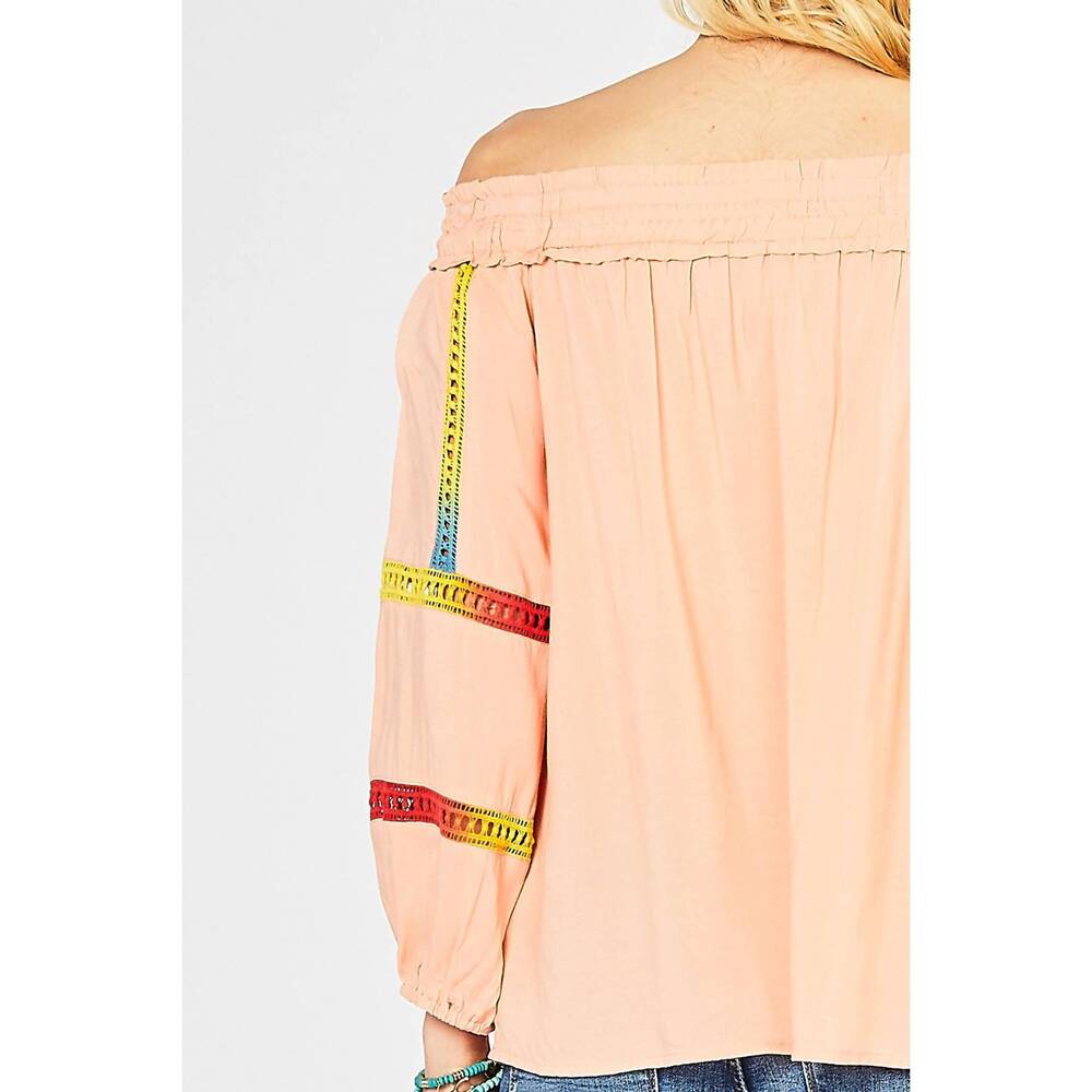 NEW ENTRO off the shoulder crochet top in peach - Picture 7 of 8